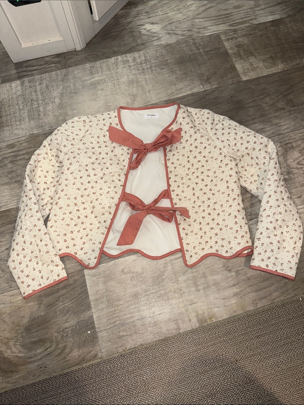 Storia Cream Quilted Floral Jacket with Coral Trim